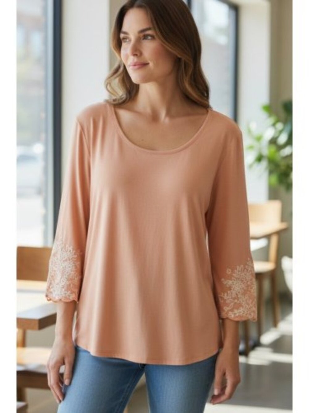 STUDIO 1886 Peach Floral Accented Puff Long Sleeve Top Ladies L Size 12-14